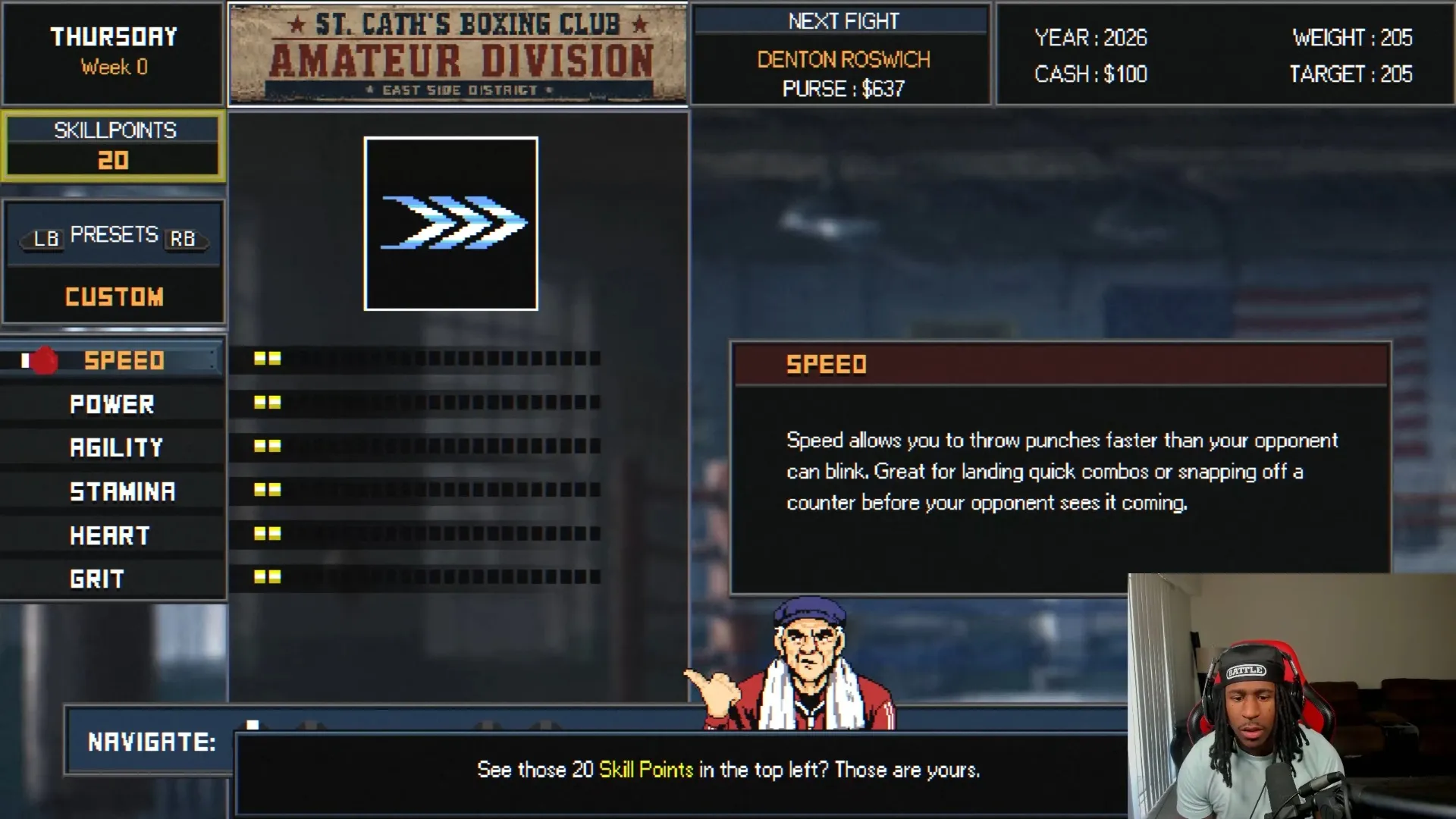 Bruisers 2D Boxing fighter setup with 20 skill points, presets, and the Speed, Power, Agility, Stamina, Heart and Grit stats